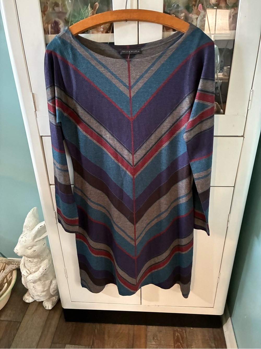 Nally & Millie sz M Chevron Stripe Long Sleeve Dress in Teal, Purple & Red nwt
